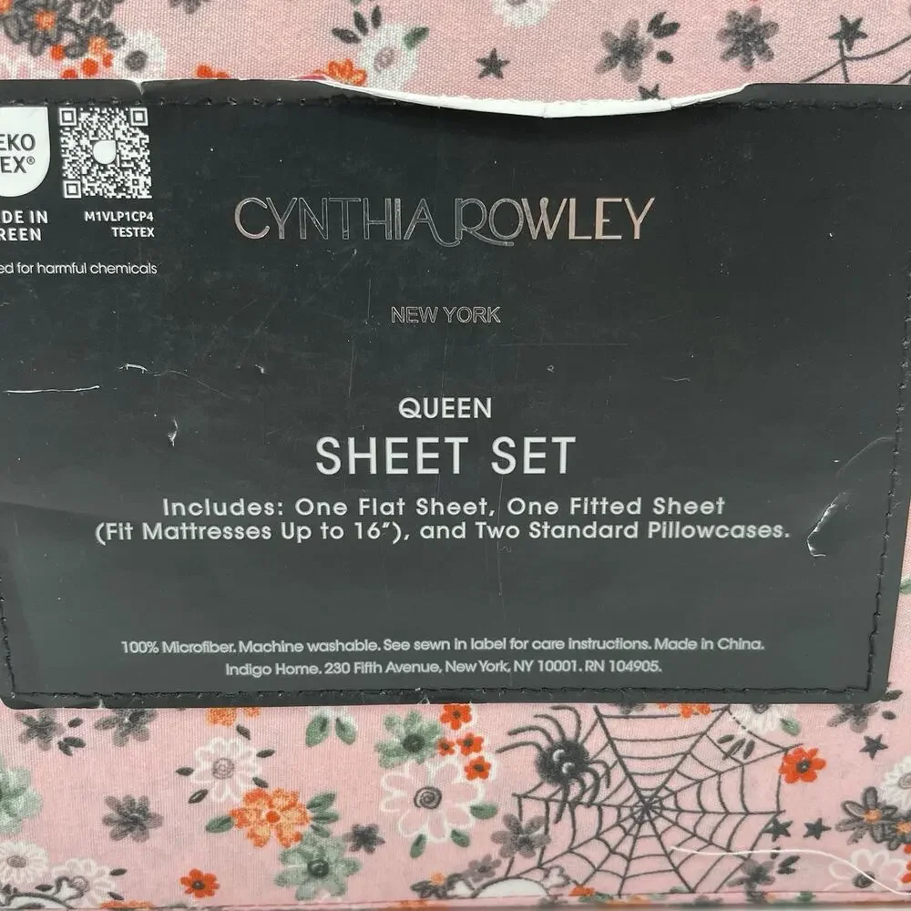 Cynthia Rowley Queen Size Pink Halloween Sheet Set With Flowers Skulls And Webs